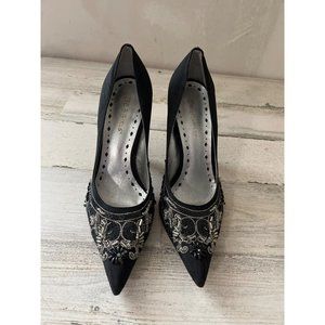 BCB Girls black satin high heel pumps with beads